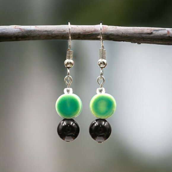 Teal and Black Circle Drop Earrings Handcrafted - Picture 5 of 5